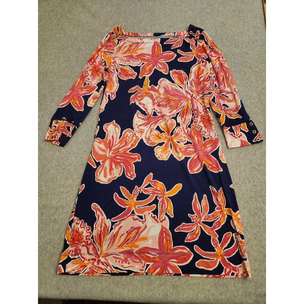 Lilly‎ Pulitzer Dress Womens Small Navy Pink Floral Boatneck 3/4 Sleeve 17412